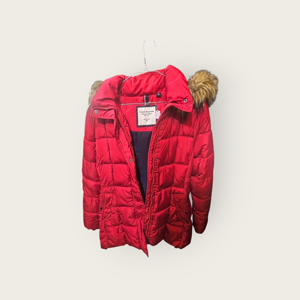 Tommy Hilfiger Red Puffer Jacket with Faux Fur Hood